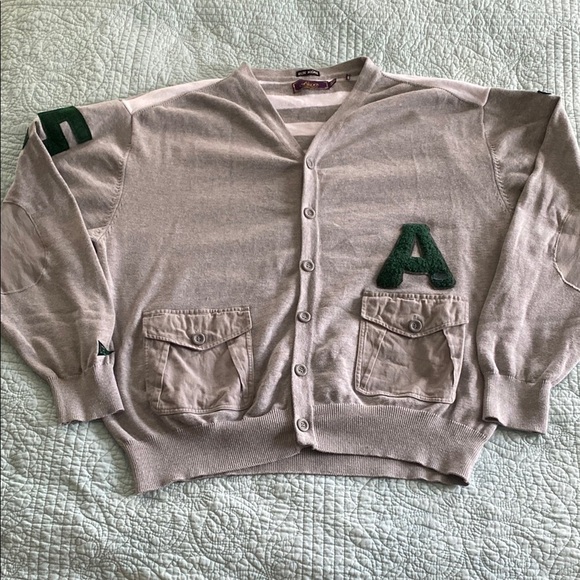 Green and Gray Cardigan Sweater with Textured Fabric - Picture 1 of 7